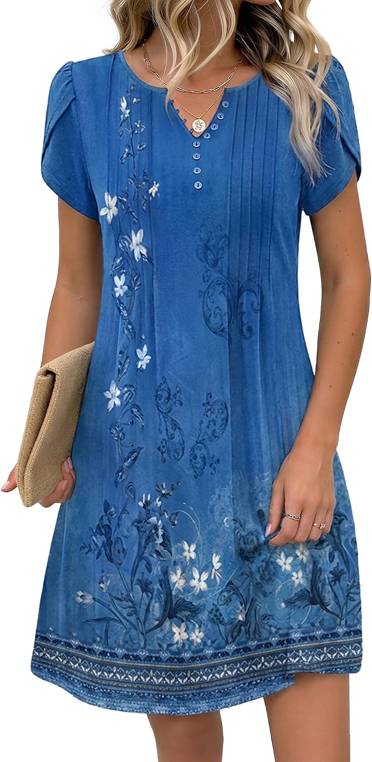 image:imageZeagoo Womens Casual Dresses with Pockets Summer Floral VNeck ALine Tshirt Dress Short Sleeve Mini Dress Beach SundressA02blue Floral