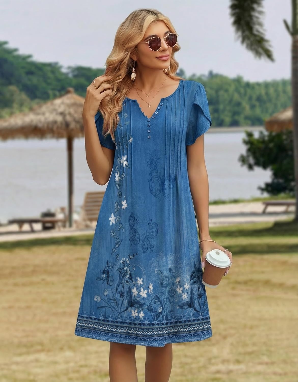 image:imageZeagoo Womens Casual Dresses with Pockets Summer Floral VNeck ALine Tshirt Dress Short Sleeve Mini Dress Beach SundressA02blue Floral