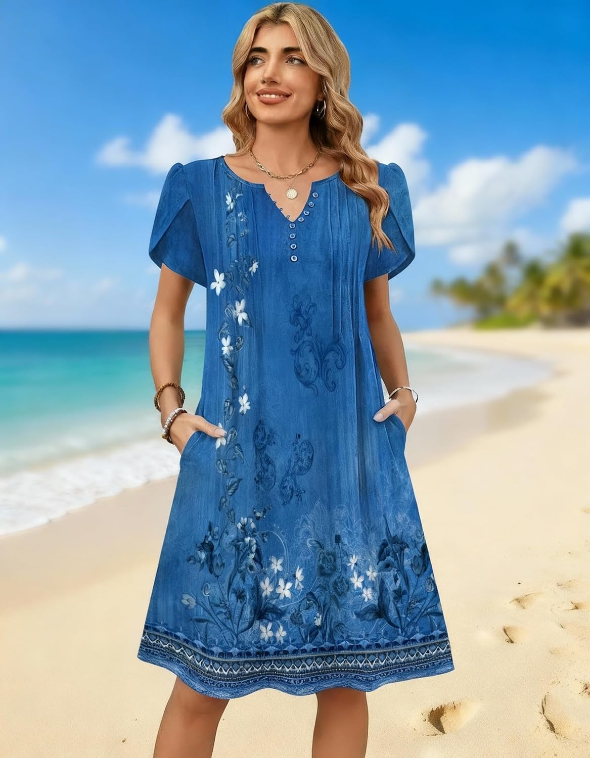 image:imageZeagoo Womens Casual Dresses with Pockets Summer Floral VNeck ALine Tshirt Dress Short Sleeve Mini Dress Beach SundressA02blue Floral