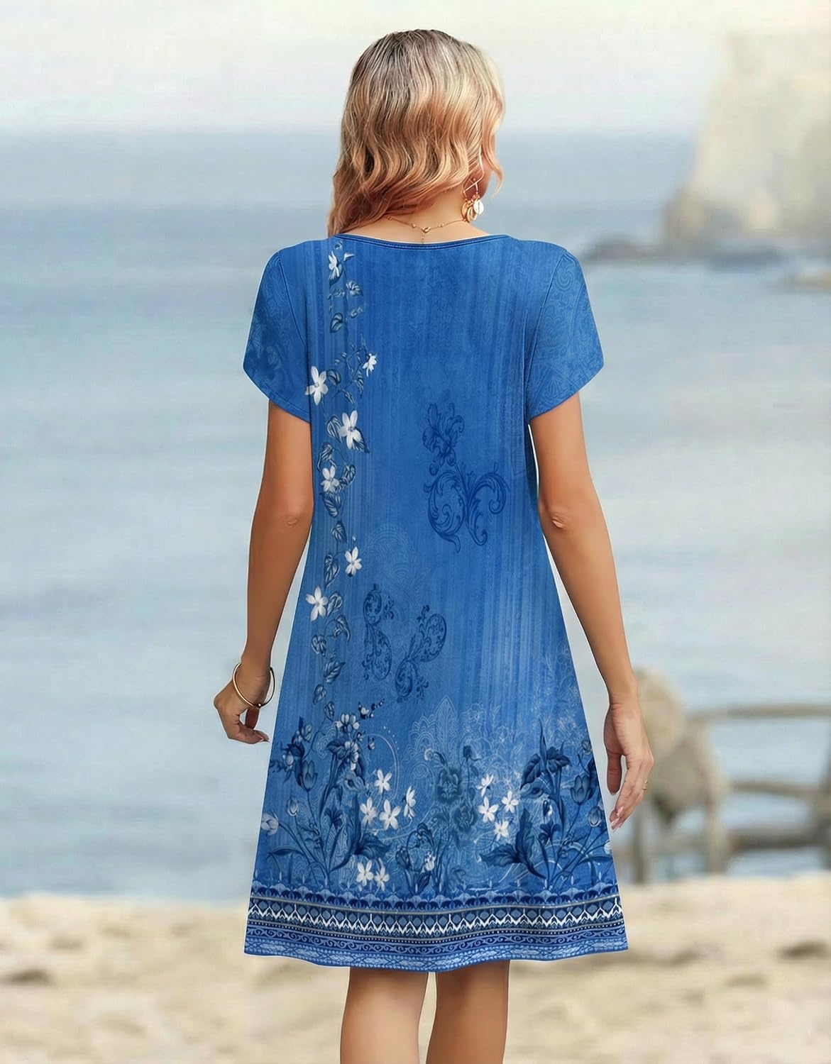 image:imageZeagoo Womens Casual Dresses with Pockets Summer Floral VNeck ALine Tshirt Dress Short Sleeve Mini Dress Beach SundressA02blue Floral