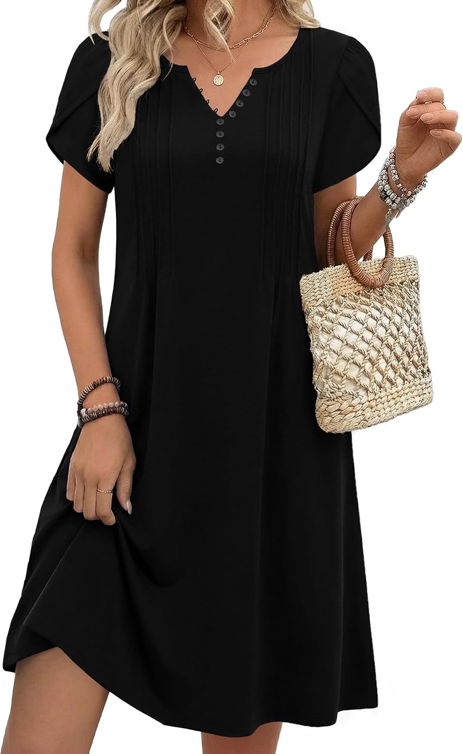 image:imageZeagoo Womens Casual Dresses with Pockets Summer Floral VNeck ALine Tshirt Dress Short Sleeve Mini Dress Beach SundressBlack