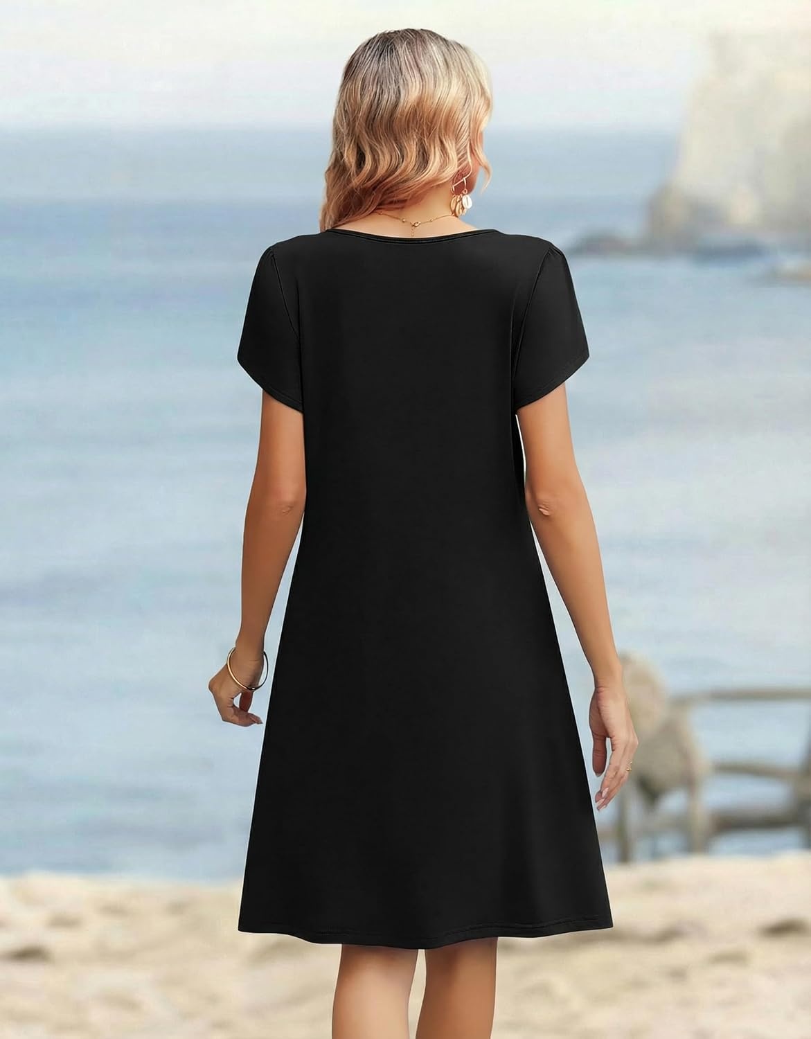 image:imageZeagoo Womens Casual Dresses with Pockets Summer Floral VNeck ALine Tshirt Dress Short Sleeve Mini Dress Beach SundressBlack