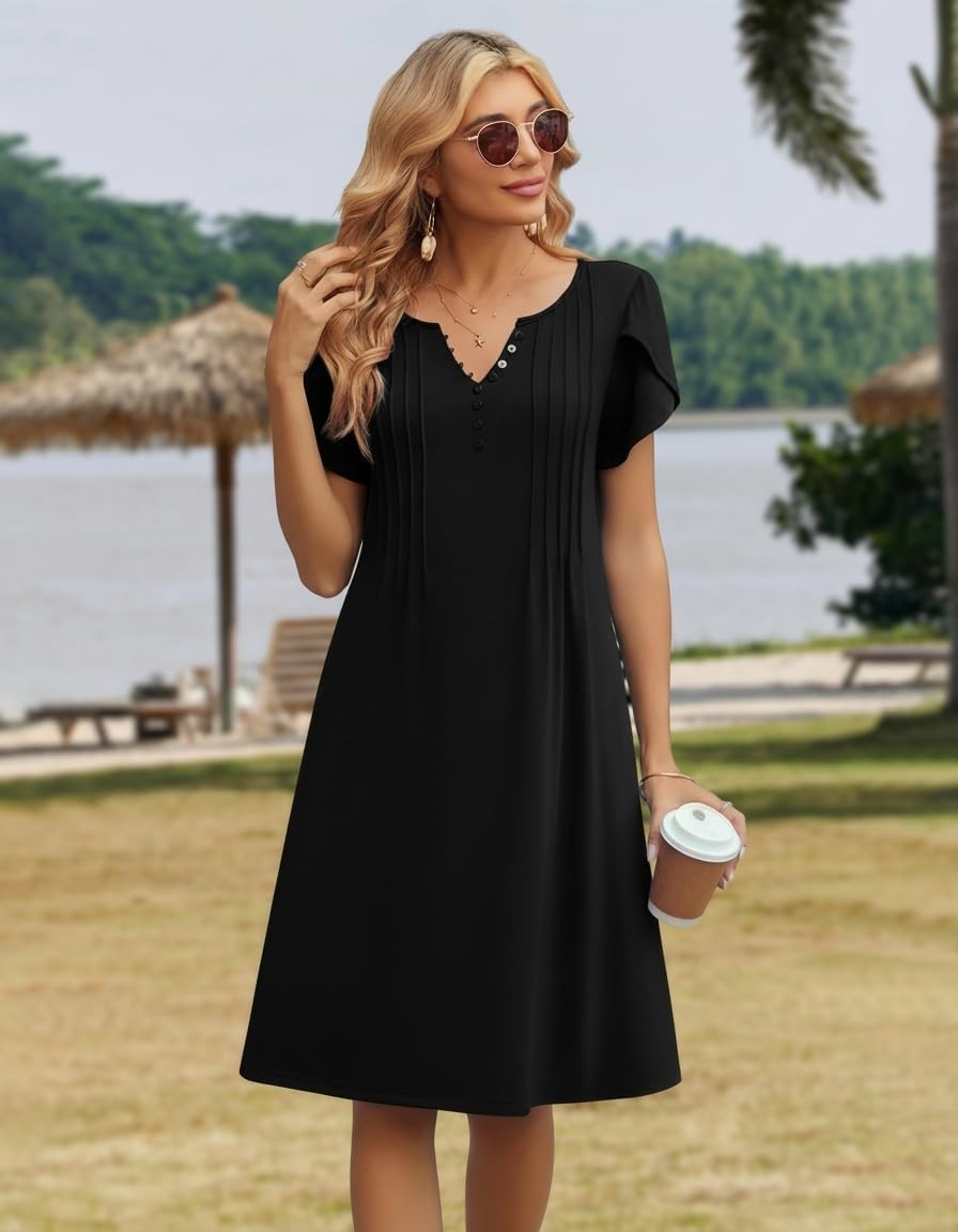 image:imageZeagoo Womens Casual Dresses with Pockets Summer Floral VNeck ALine Tshirt Dress Short Sleeve Mini Dress Beach SundressBlack