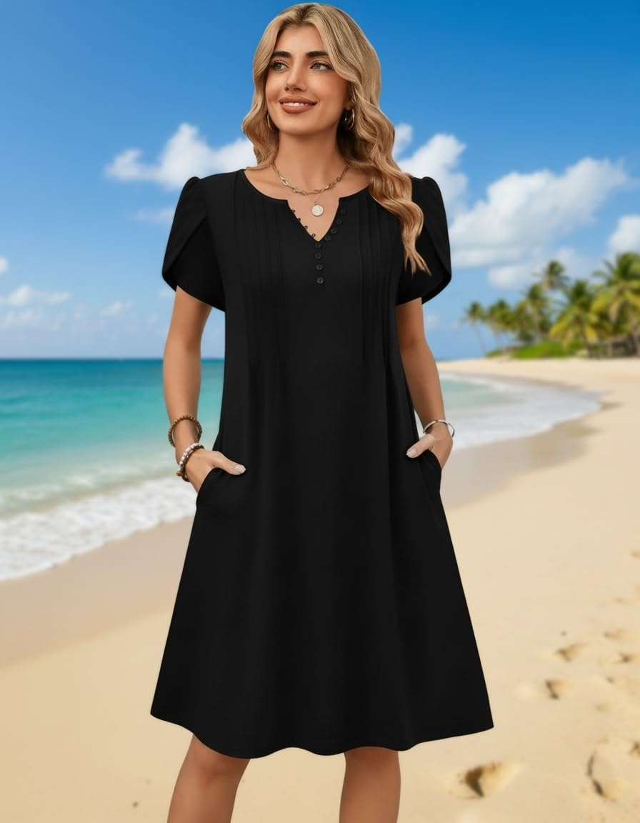 image:imageZeagoo Womens Casual Dresses with Pockets Summer Floral VNeck ALine Tshirt Dress Short Sleeve Mini Dress Beach SundressBlack