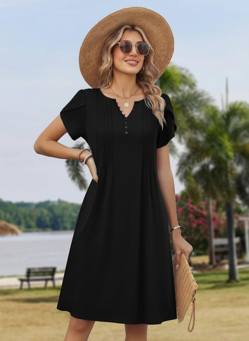 image:imageZeagoo Womens Casual Dresses with Pockets Summer Floral VNeck ALine Tshirt Dress Short Sleeve Mini Dress Beach SundressBlack