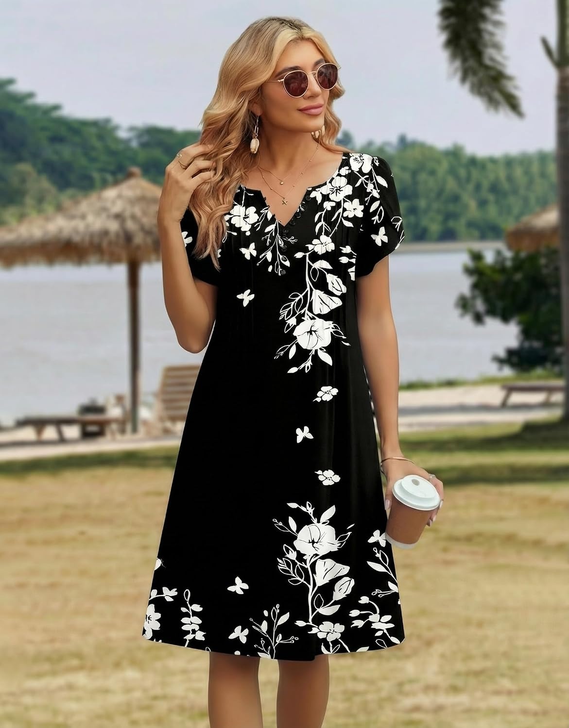 image:imageZeagoo Womens Casual Dresses with Pockets Summer Floral VNeck ALine Tshirt Dress Short Sleeve Mini Dress Beach SundressBlack Floral