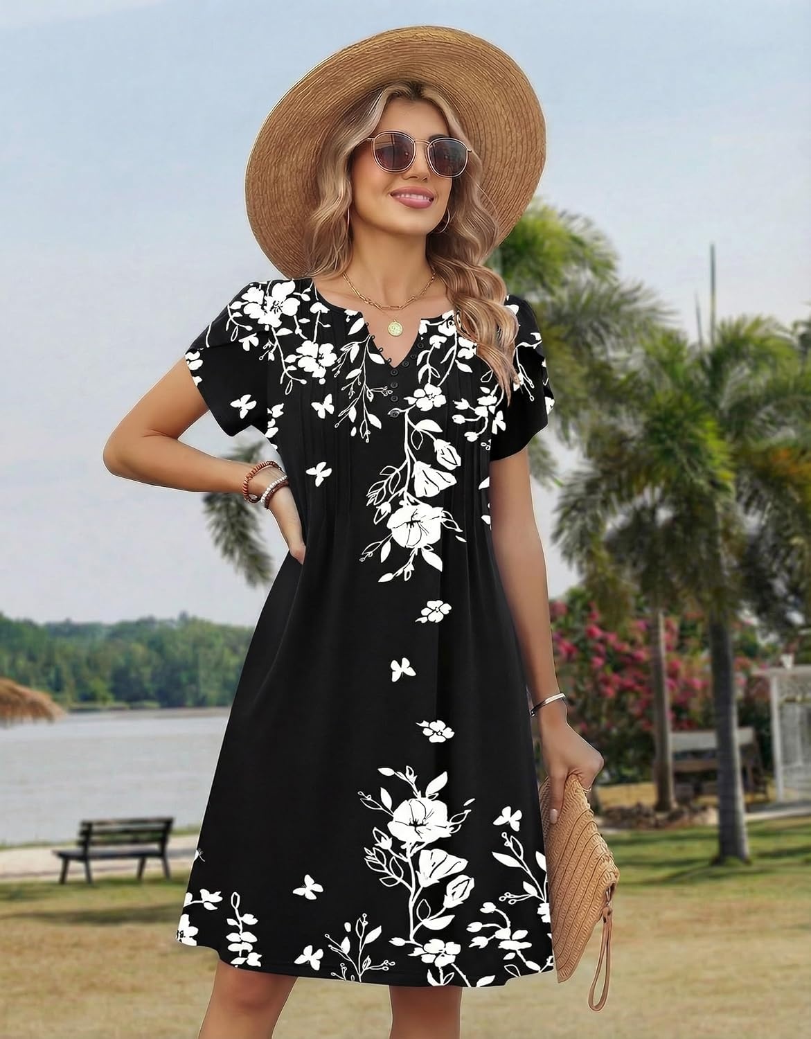 image:imageZeagoo Womens Casual Dresses with Pockets Summer Floral VNeck ALine Tshirt Dress Short Sleeve Mini Dress Beach SundressBlack Floral