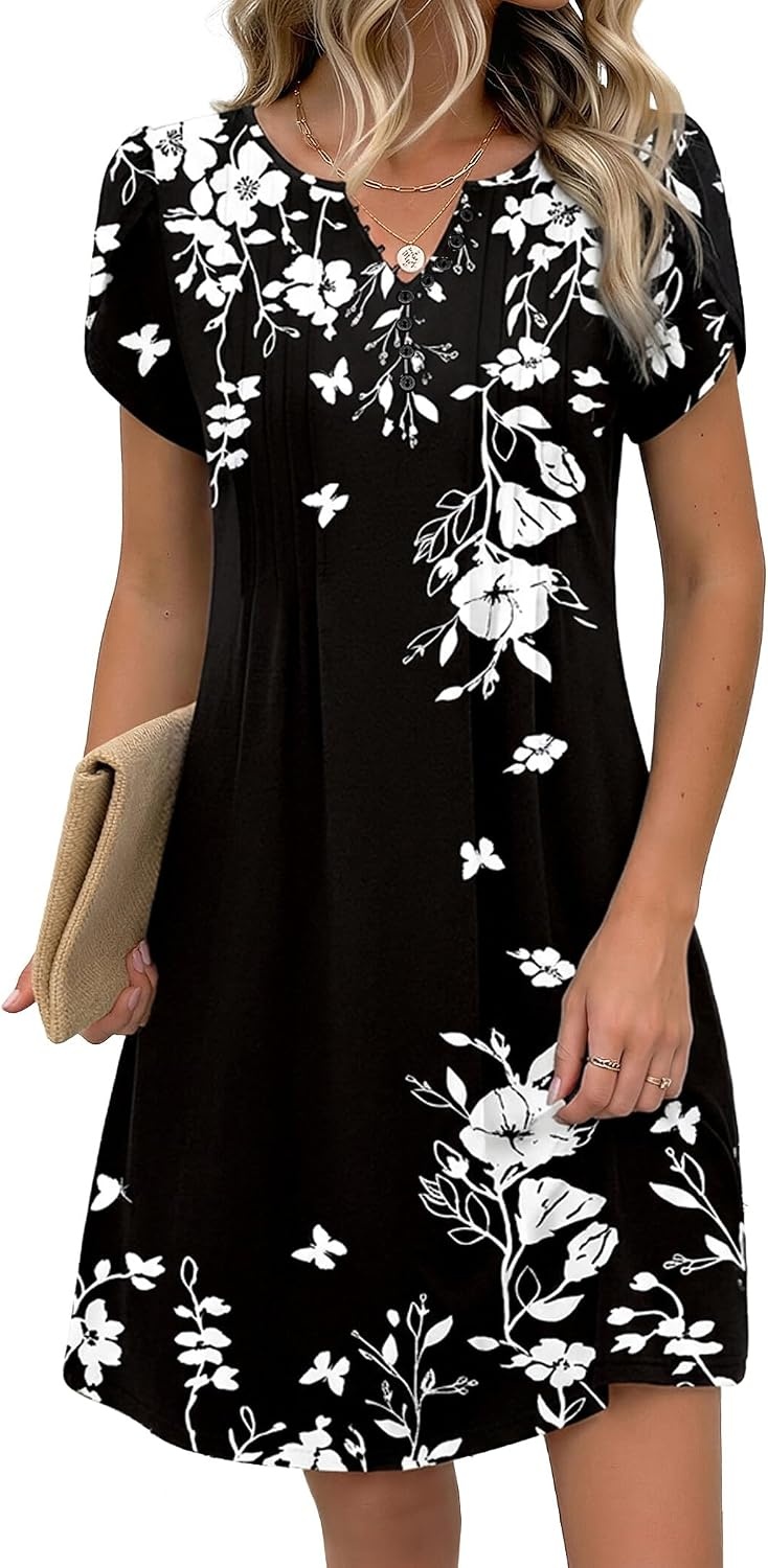 image:imageZeagoo Womens Casual Dresses with Pockets Summer Floral VNeck ALine Tshirt Dress Short Sleeve Mini Dress Beach SundressBlack Floral