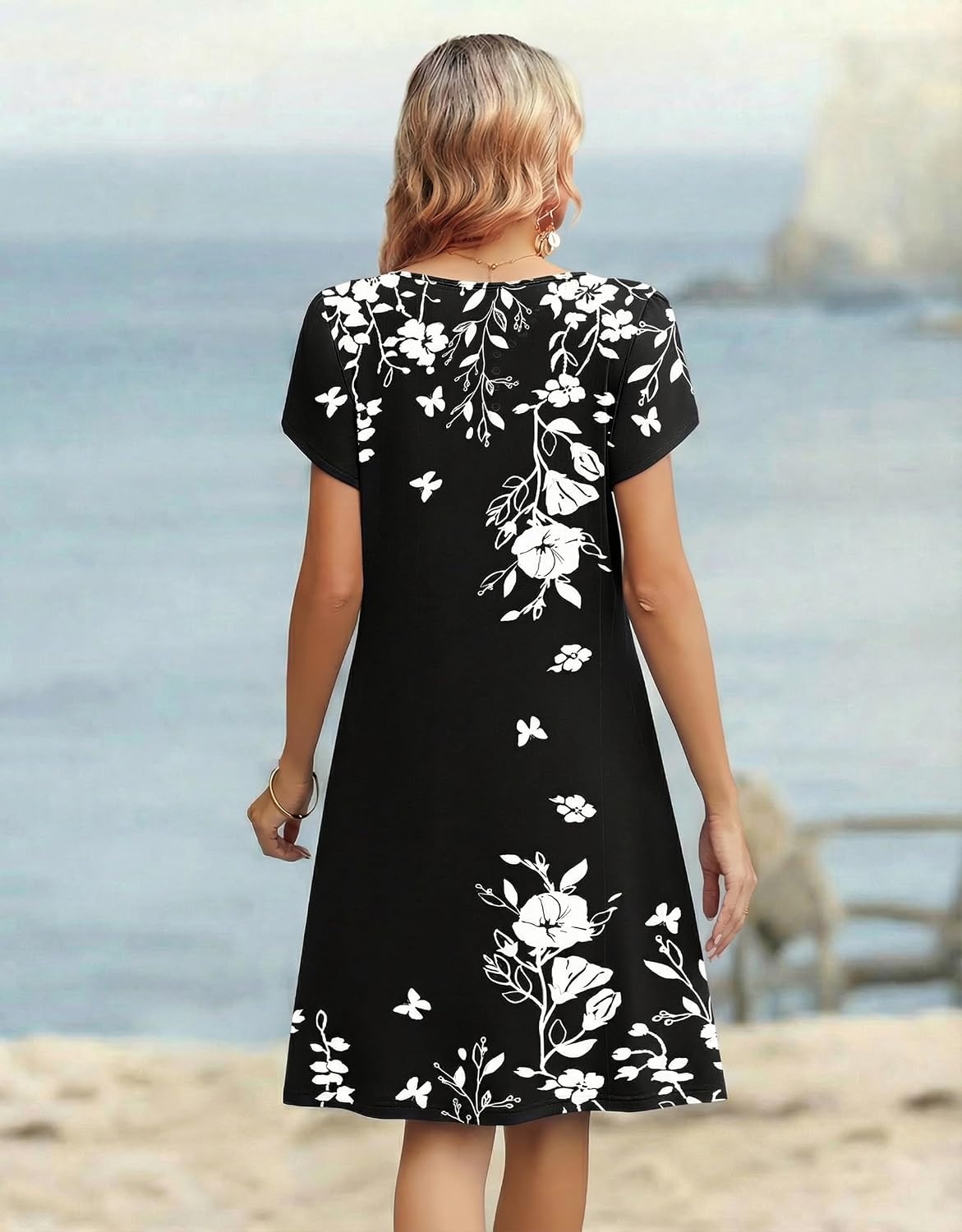 image:imageZeagoo Womens Casual Dresses with Pockets Summer Floral VNeck ALine Tshirt Dress Short Sleeve Mini Dress Beach SundressBlack Floral