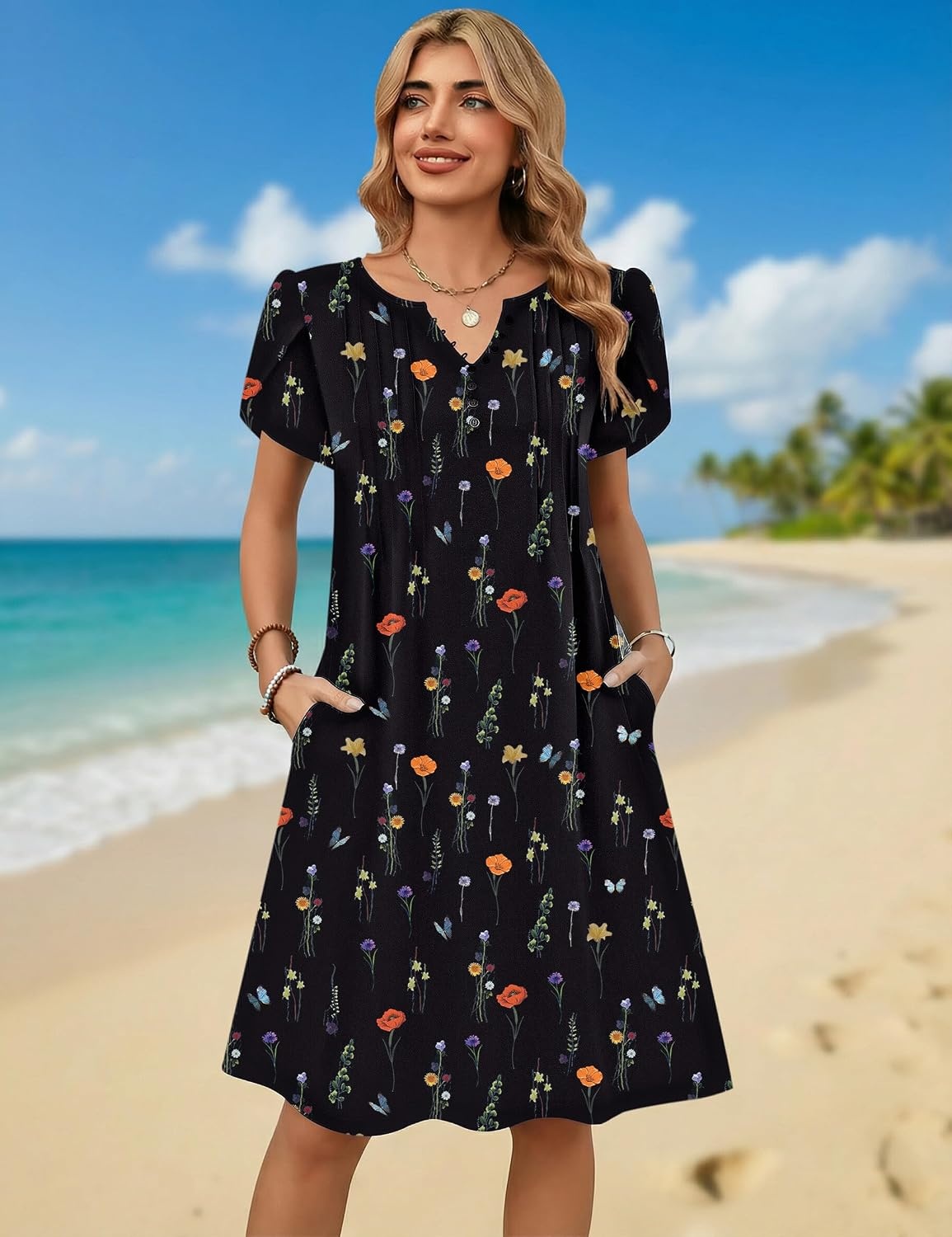 image:imageZeagoo Womens Casual Dresses with Pockets Summer Floral VNeck ALine Tshirt Dress Short Sleeve Mini Dress Beach SundressBlack Printed