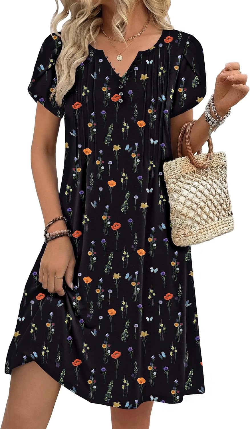 image:imageZeagoo Womens Casual Dresses with Pockets Summer Floral VNeck ALine Tshirt Dress Short Sleeve Mini Dress Beach SundressBlack Printed