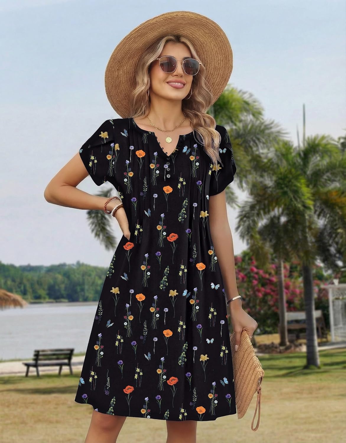 image:imageZeagoo Womens Casual Dresses with Pockets Summer Floral VNeck ALine Tshirt Dress Short Sleeve Mini Dress Beach SundressBlack Printed