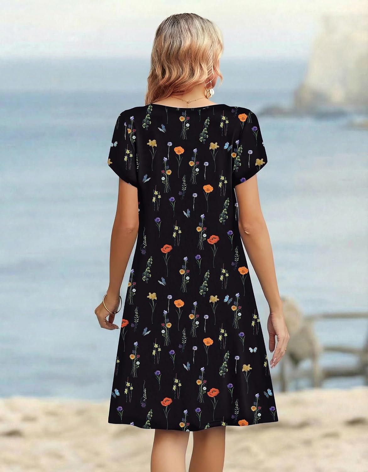 image:imageZeagoo Womens Casual Dresses with Pockets Summer Floral VNeck ALine Tshirt Dress Short Sleeve Mini Dress Beach SundressBlack Printed