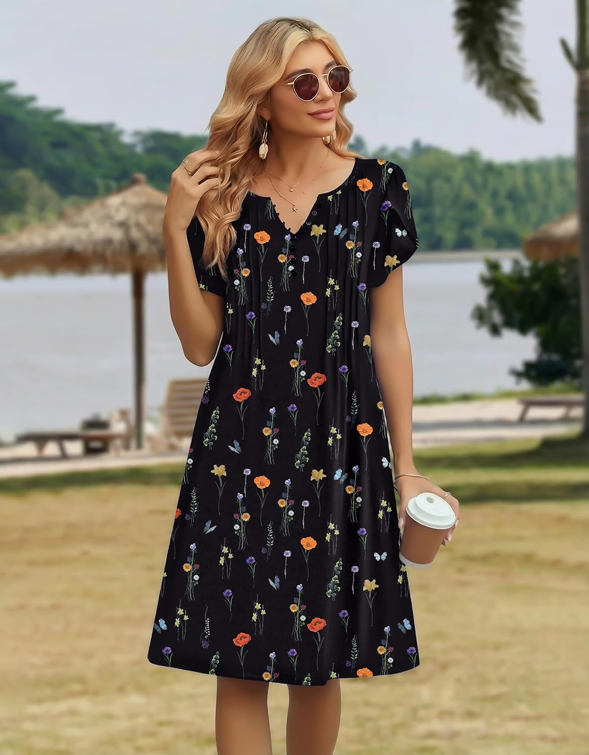 image:imageZeagoo Womens Casual Dresses with Pockets Summer Floral VNeck ALine Tshirt Dress Short Sleeve Mini Dress Beach SundressBlack Printed