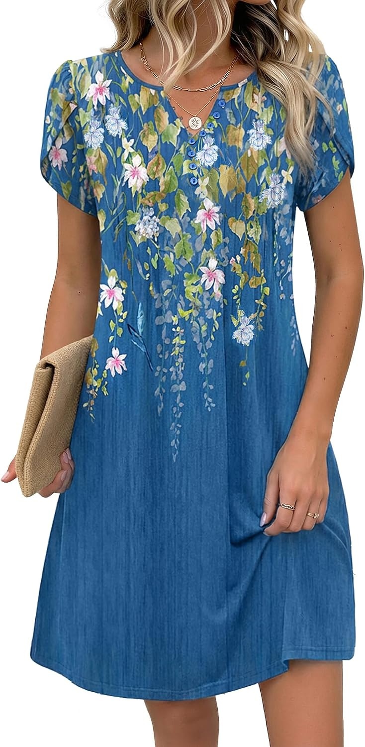image:imageZeagoo Womens Casual Dresses with Pockets Summer Floral VNeck ALine Tshirt Dress Short Sleeve Mini Dress Beach SundressBlue Bloom
