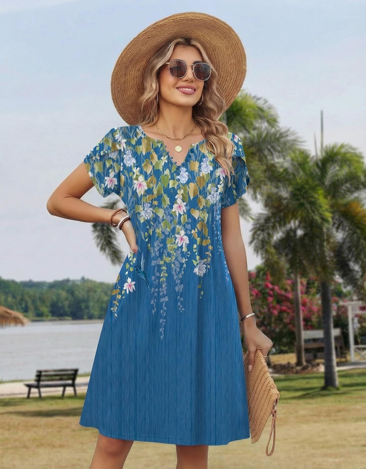 image:imageZeagoo Womens Casual Dresses with Pockets Summer Floral VNeck ALine Tshirt Dress Short Sleeve Mini Dress Beach SundressBlue Bloom