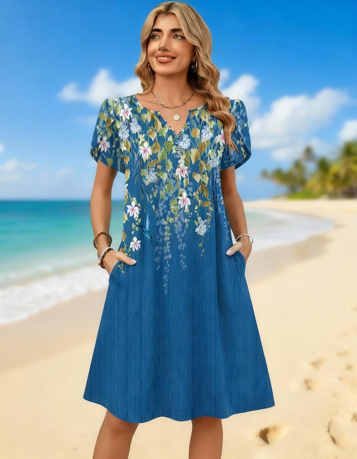 image:imageZeagoo Womens Casual Dresses with Pockets Summer Floral VNeck ALine Tshirt Dress Short Sleeve Mini Dress Beach SundressBlue Bloom
