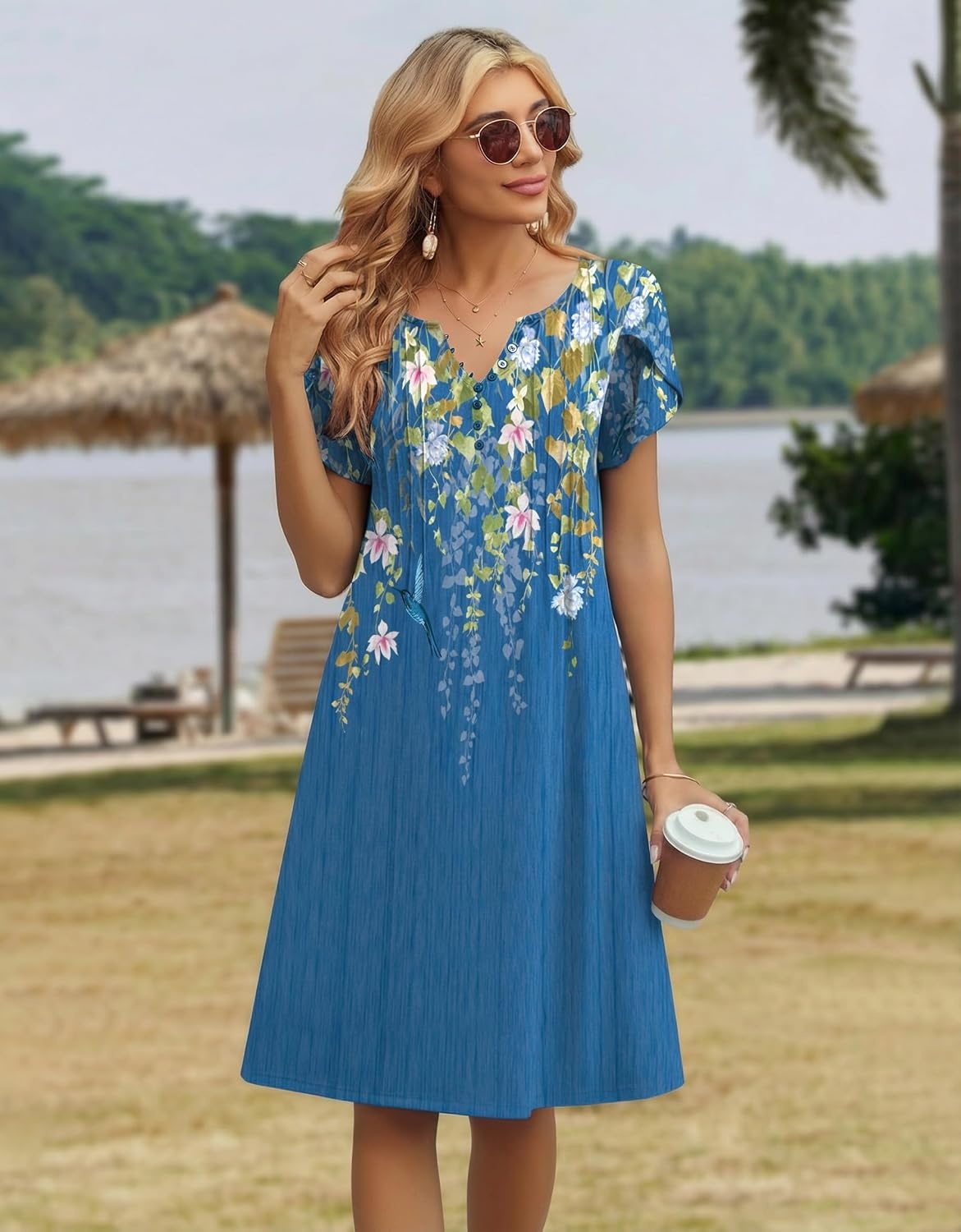 image:imageZeagoo Womens Casual Dresses with Pockets Summer Floral VNeck ALine Tshirt Dress Short Sleeve Mini Dress Beach SundressBlue Bloom