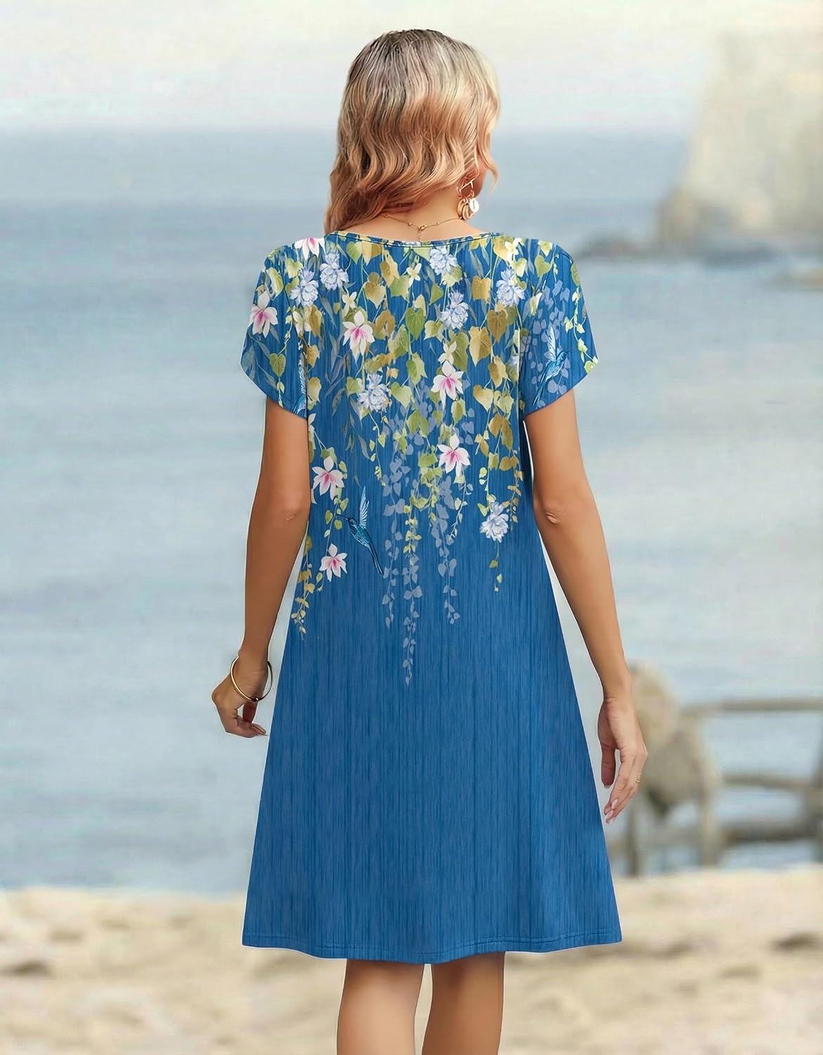 image:imageZeagoo Womens Casual Dresses with Pockets Summer Floral VNeck ALine Tshirt Dress Short Sleeve Mini Dress Beach SundressBlue Bloom