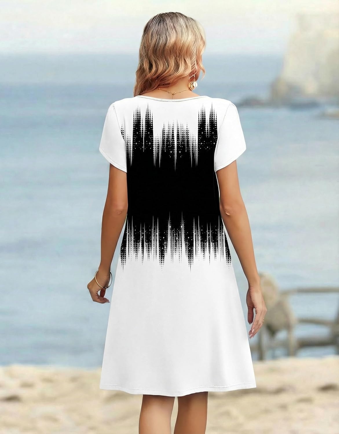 image:imageZeagoo Womens Casual Dresses with Pockets Summer Floral VNeck ALine Tshirt Dress Short Sleeve Mini Dress Beach SundressGradient Black White