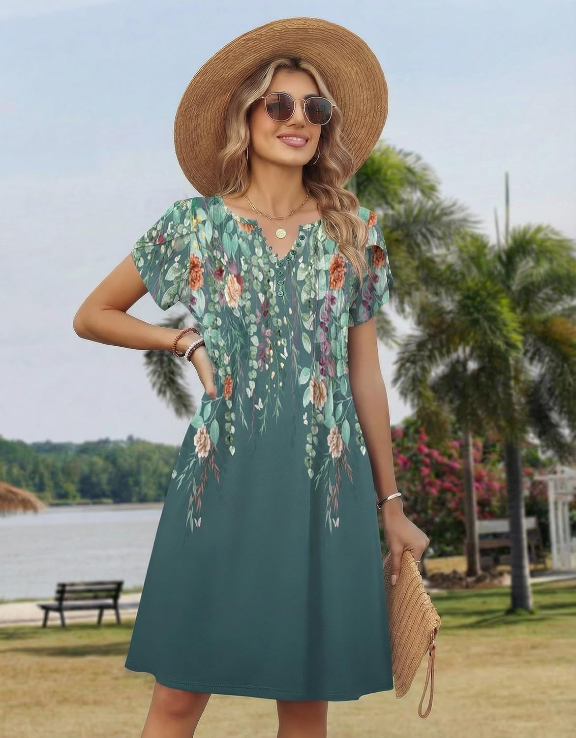 image:imageZeagoo Womens Casual Dresses with Pockets Summer Floral VNeck ALine Tshirt Dress Short Sleeve Mini Dress Beach SundressGraygreen Floral
