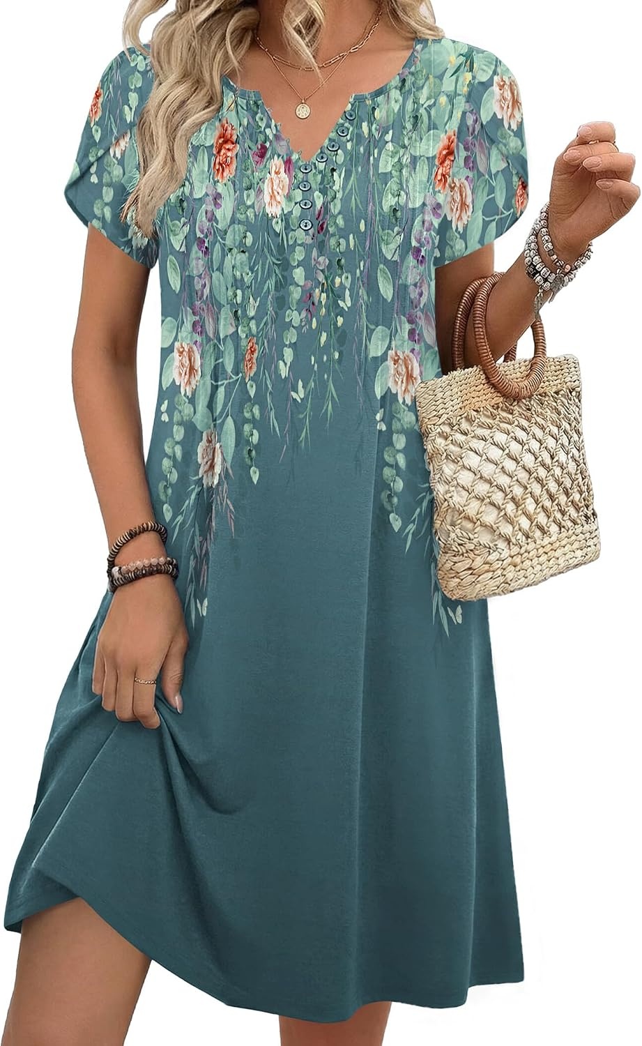 image:imageZeagoo Womens Casual Dresses with Pockets Summer Floral VNeck ALine Tshirt Dress Short Sleeve Mini Dress Beach SundressGraygreen Floral
