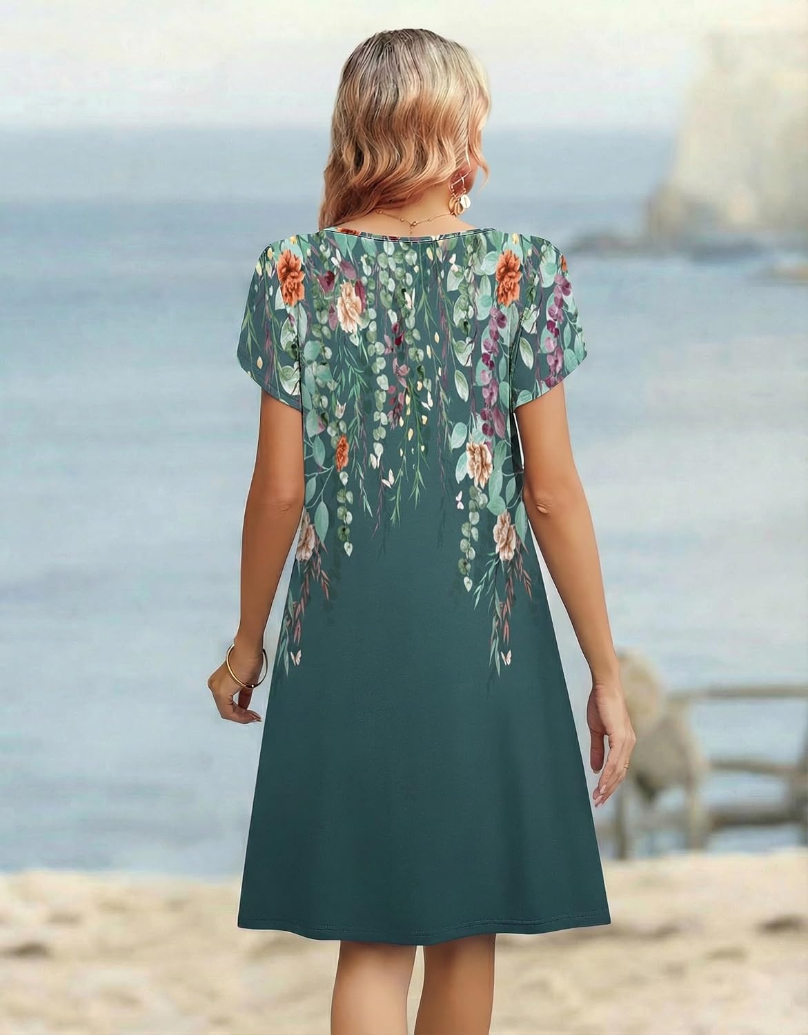 image:imageZeagoo Womens Casual Dresses with Pockets Summer Floral VNeck ALine Tshirt Dress Short Sleeve Mini Dress Beach SundressGraygreen Floral