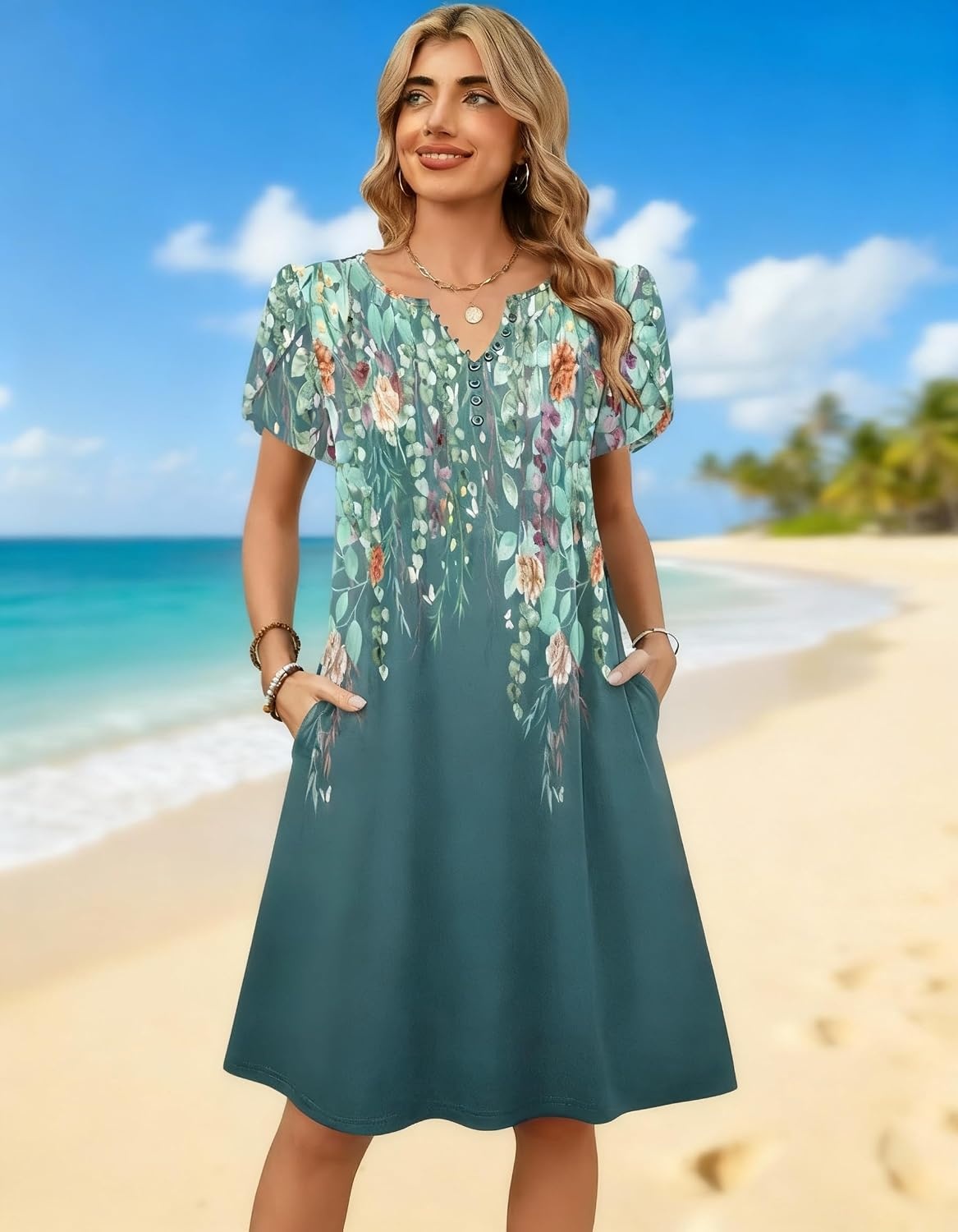 image:imageZeagoo Womens Casual Dresses with Pockets Summer Floral VNeck ALine Tshirt Dress Short Sleeve Mini Dress Beach SundressGraygreen Floral
