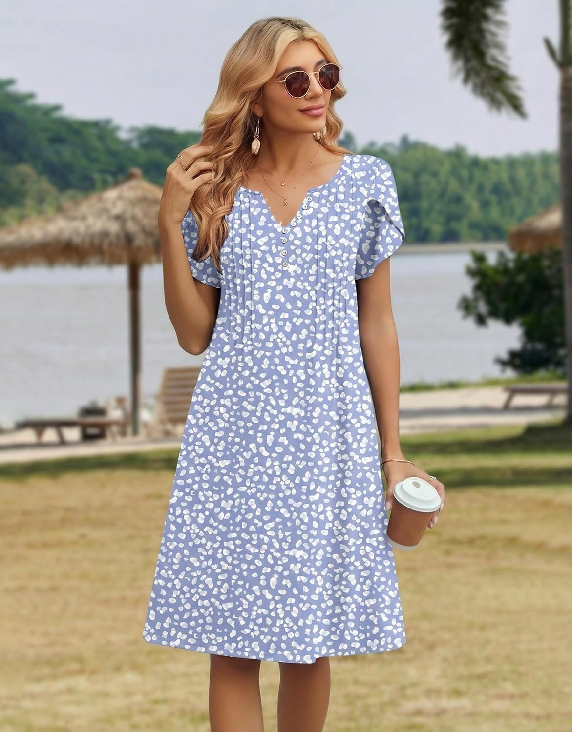 image:imageZeagoo Womens Casual Dresses with Pockets Summer Floral VNeck ALine Tshirt Dress Short Sleeve Mini Dress Beach SundressGrey Bluewhite