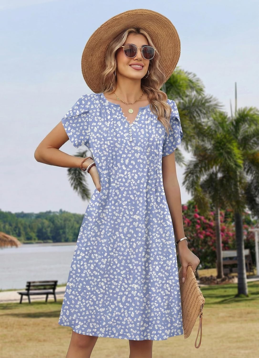 image:imageZeagoo Womens Casual Dresses with Pockets Summer Floral VNeck ALine Tshirt Dress Short Sleeve Mini Dress Beach SundressGrey Bluewhite