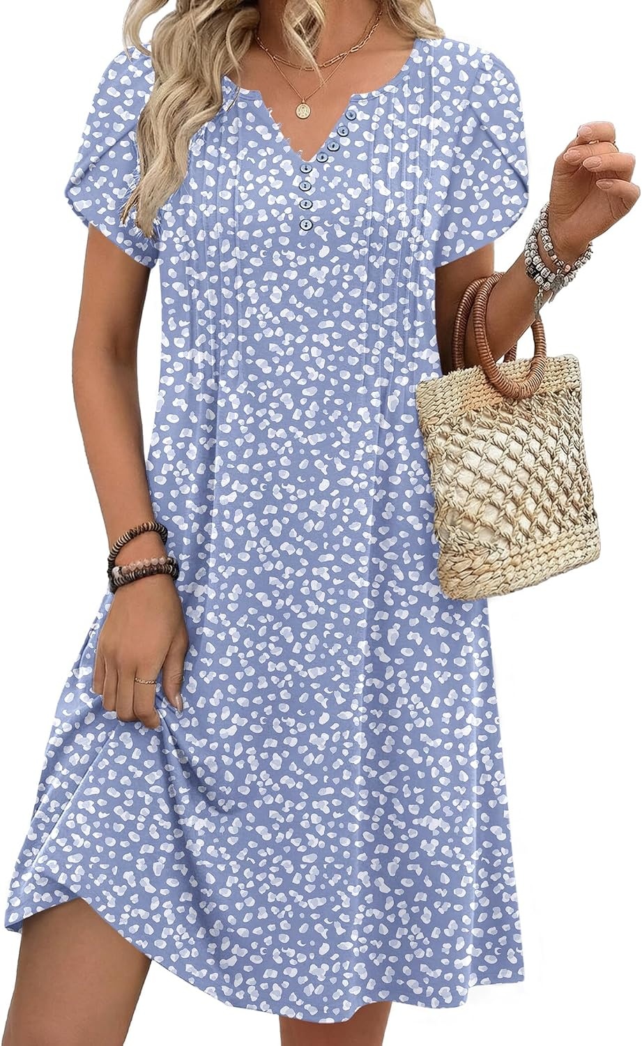 image:imageZeagoo Womens Casual Dresses with Pockets Summer Floral VNeck ALine Tshirt Dress Short Sleeve Mini Dress Beach SundressGrey Bluewhite