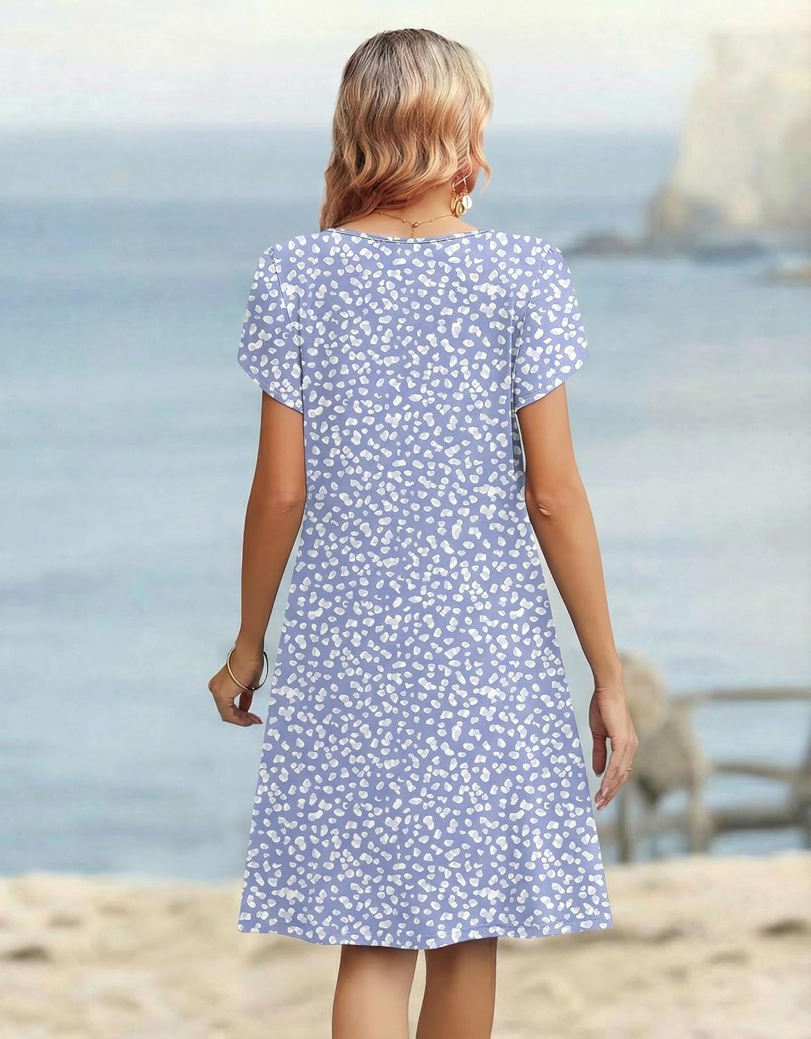 image:imageZeagoo Womens Casual Dresses with Pockets Summer Floral VNeck ALine Tshirt Dress Short Sleeve Mini Dress Beach SundressGrey Bluewhite