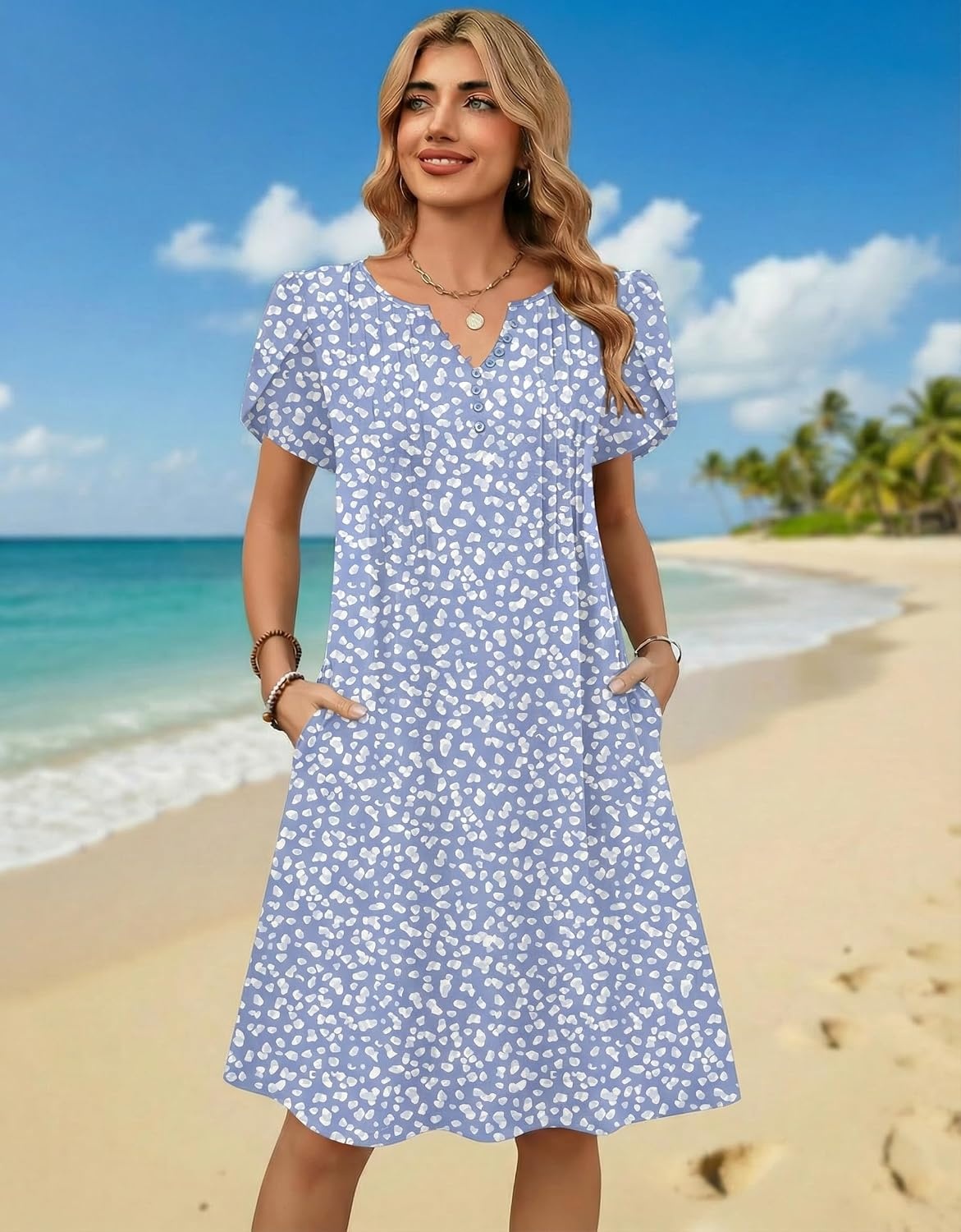 image:imageZeagoo Womens Casual Dresses with Pockets Summer Floral VNeck ALine Tshirt Dress Short Sleeve Mini Dress Beach SundressGrey Bluewhite
