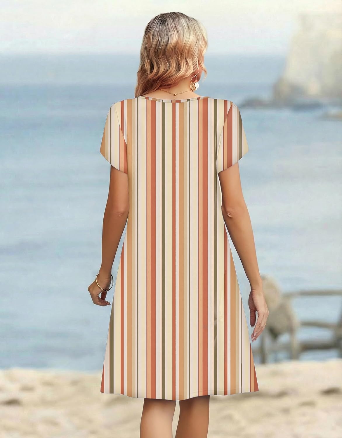 image:imageZeagoo Womens Casual Dresses with Pockets Summer Floral VNeck ALine Tshirt Dress Short Sleeve Mini Dress Beach SundressKhaki Stripe