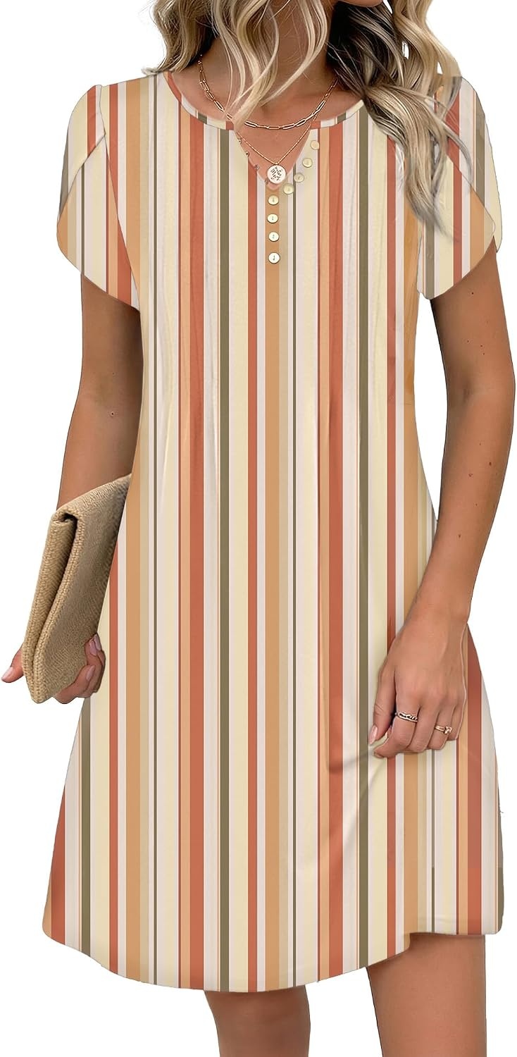 image:imageZeagoo Womens Casual Dresses with Pockets Summer Floral VNeck ALine Tshirt Dress Short Sleeve Mini Dress Beach SundressKhaki Stripe