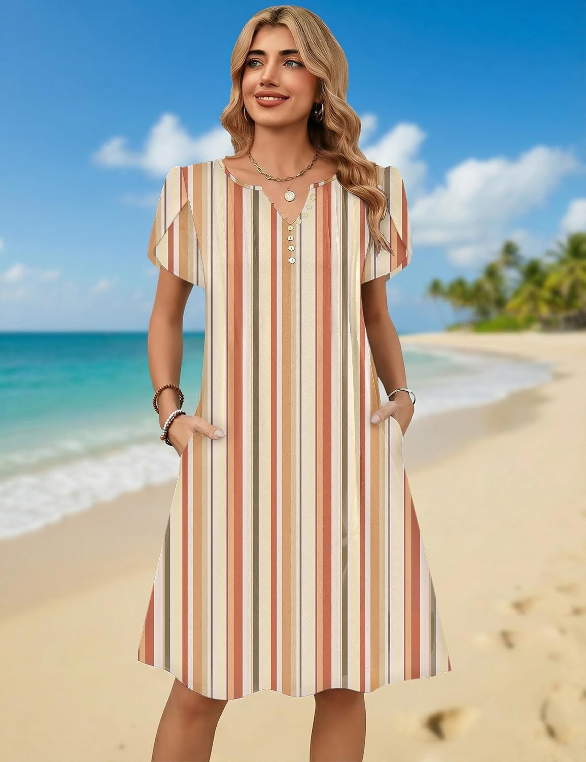 image:imageZeagoo Womens Casual Dresses with Pockets Summer Floral VNeck ALine Tshirt Dress Short Sleeve Mini Dress Beach SundressKhaki Stripe