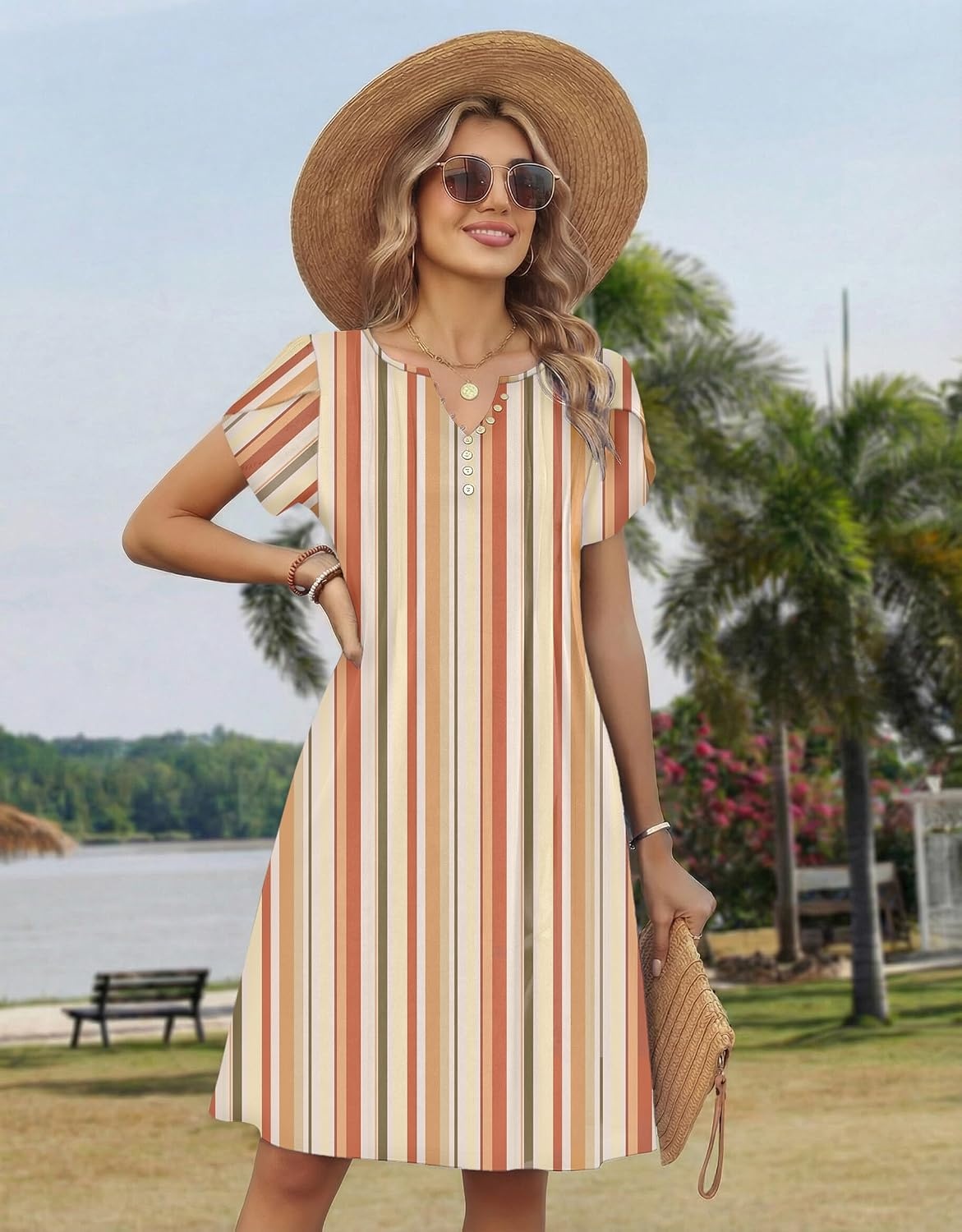 image:imageZeagoo Womens Casual Dresses with Pockets Summer Floral VNeck ALine Tshirt Dress Short Sleeve Mini Dress Beach SundressKhaki Stripe