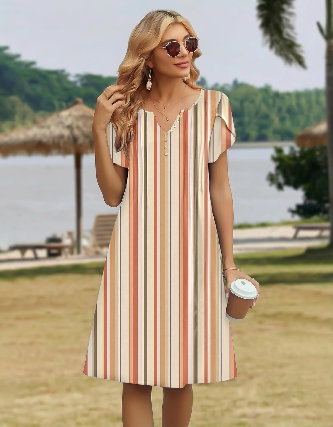 image:imageZeagoo Womens Casual Dresses with Pockets Summer Floral VNeck ALine Tshirt Dress Short Sleeve Mini Dress Beach SundressKhaki Stripe