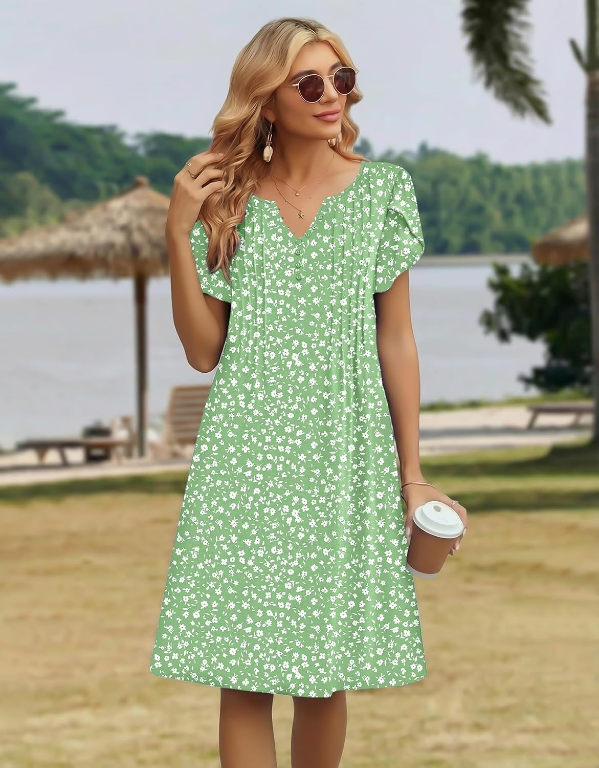 image:imageZeagoo Womens Casual Dresses with Pockets Summer Floral VNeck ALine Tshirt Dress Short Sleeve Mini Dress Beach SundressLight Green