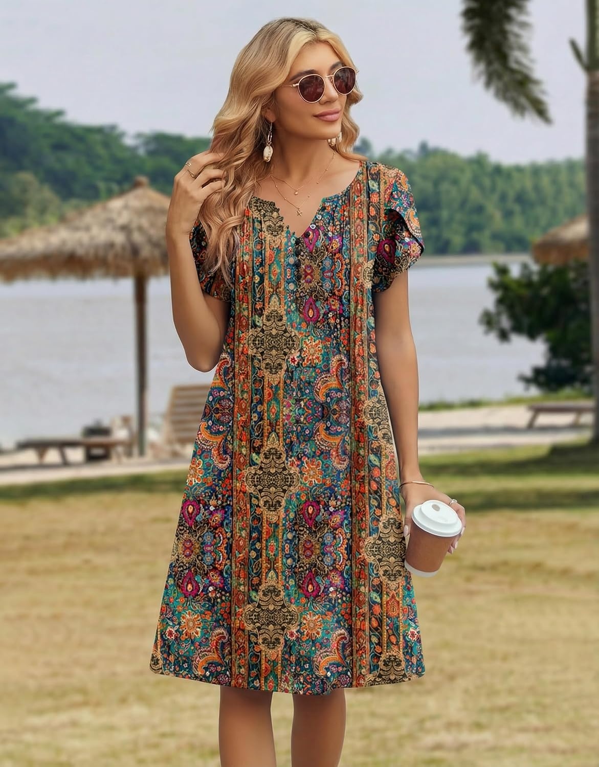image:imageZeagoo Womens Casual Dresses with Pockets Summer Floral VNeck ALine Tshirt Dress Short Sleeve Mini Dress Beach SundressMulticolor