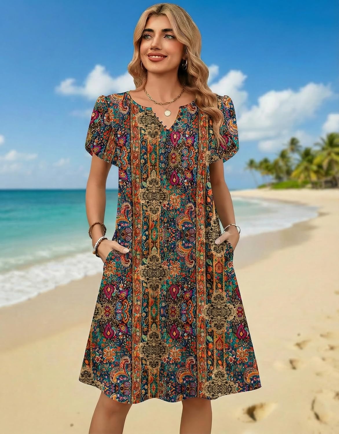 image:imageZeagoo Womens Casual Dresses with Pockets Summer Floral VNeck ALine Tshirt Dress Short Sleeve Mini Dress Beach SundressMulticolor