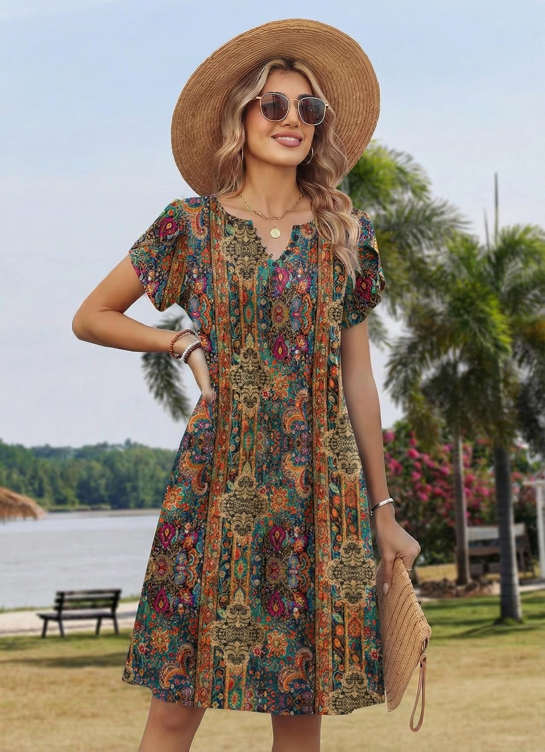 image:imageZeagoo Womens Casual Dresses with Pockets Summer Floral VNeck ALine Tshirt Dress Short Sleeve Mini Dress Beach SundressMulticolor