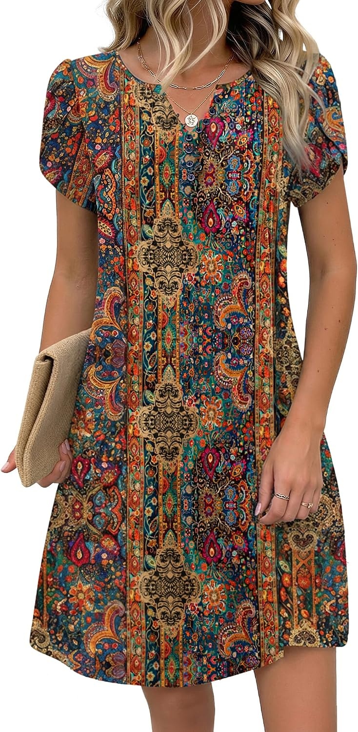 image:imageZeagoo Womens Casual Dresses with Pockets Summer Floral VNeck ALine Tshirt Dress Short Sleeve Mini Dress Beach SundressMulticolor