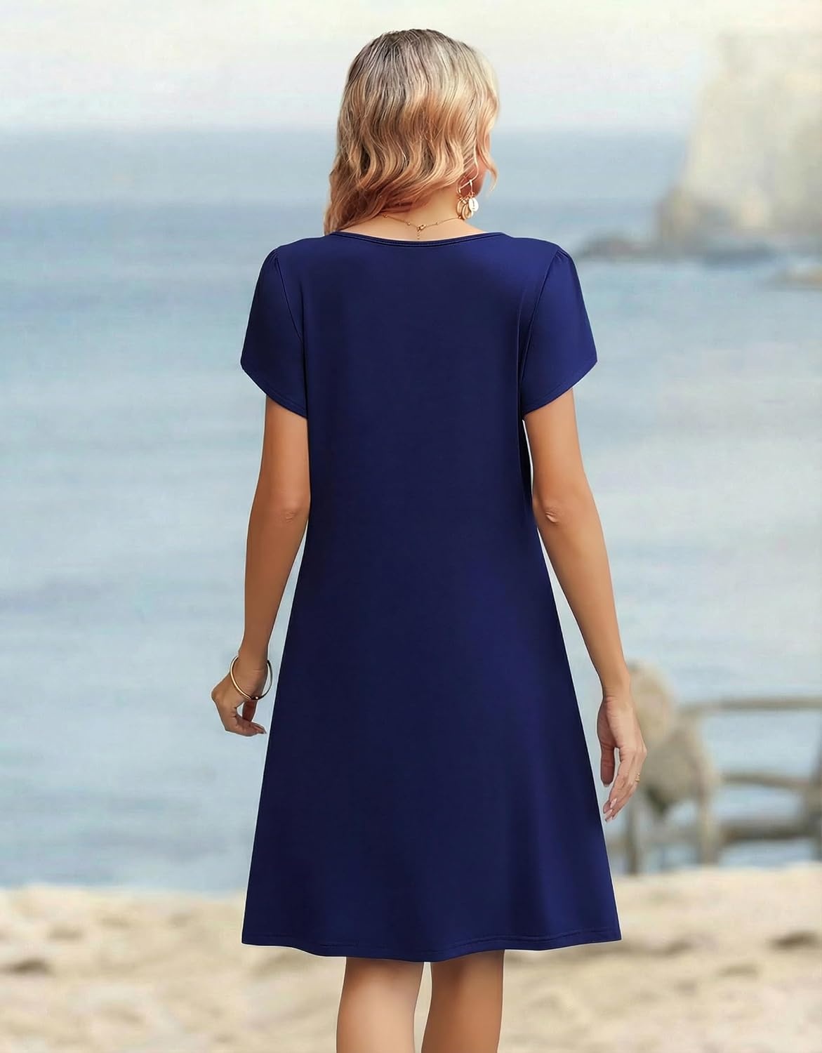 image:imageZeagoo Womens Casual Dresses with Pockets Summer Floral VNeck ALine Tshirt Dress Short Sleeve Mini Dress Beach SundressNavy Blue