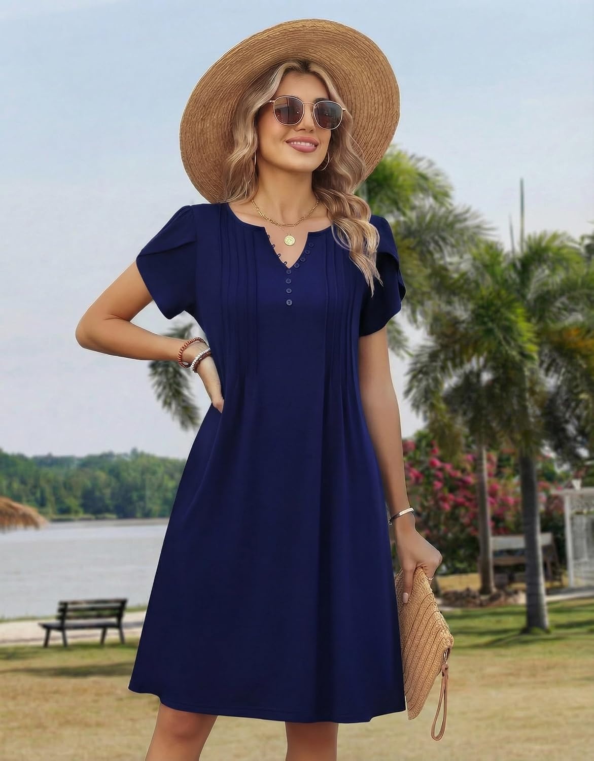 image:imageZeagoo Womens Casual Dresses with Pockets Summer Floral VNeck ALine Tshirt Dress Short Sleeve Mini Dress Beach SundressNavy Blue