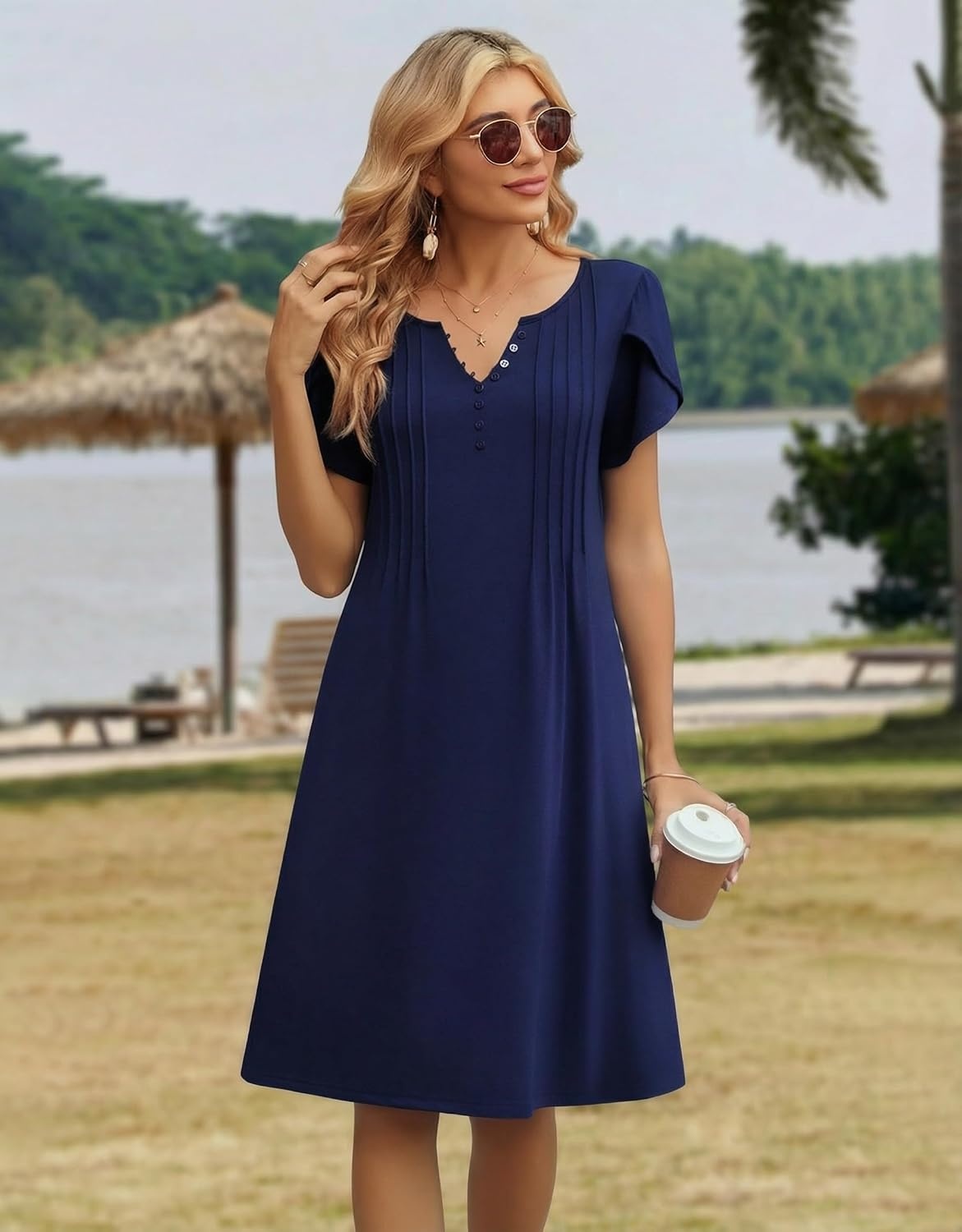 image:imageZeagoo Womens Casual Dresses with Pockets Summer Floral VNeck ALine Tshirt Dress Short Sleeve Mini Dress Beach SundressNavy Blue