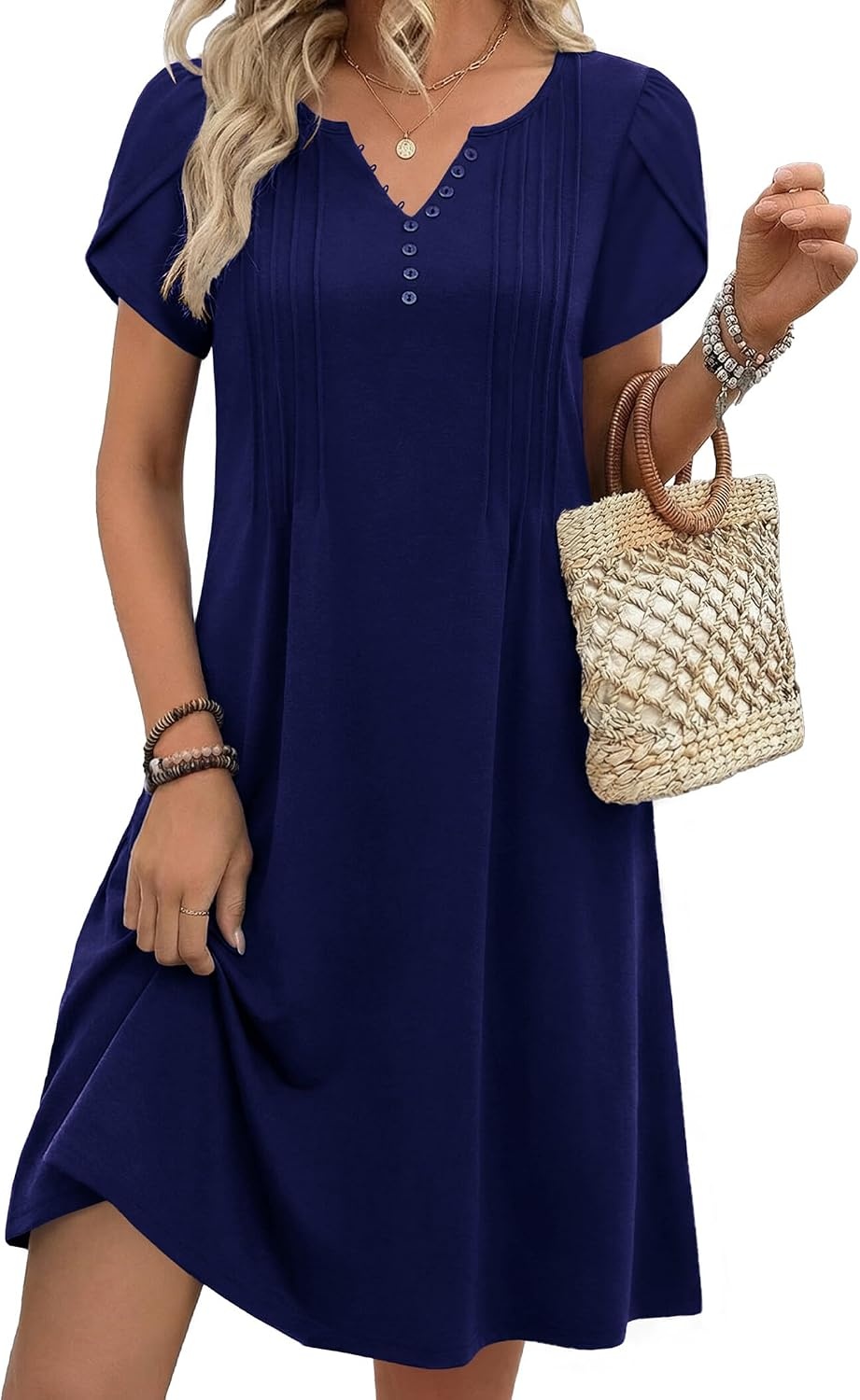 image:imageZeagoo Womens Casual Dresses with Pockets Summer Floral VNeck ALine Tshirt Dress Short Sleeve Mini Dress Beach SundressNavy Blue