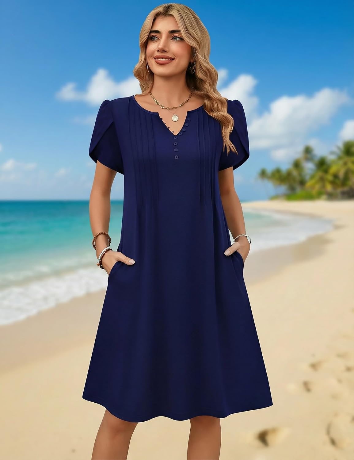 image:imageZeagoo Womens Casual Dresses with Pockets Summer Floral VNeck ALine Tshirt Dress Short Sleeve Mini Dress Beach SundressNavy Blue