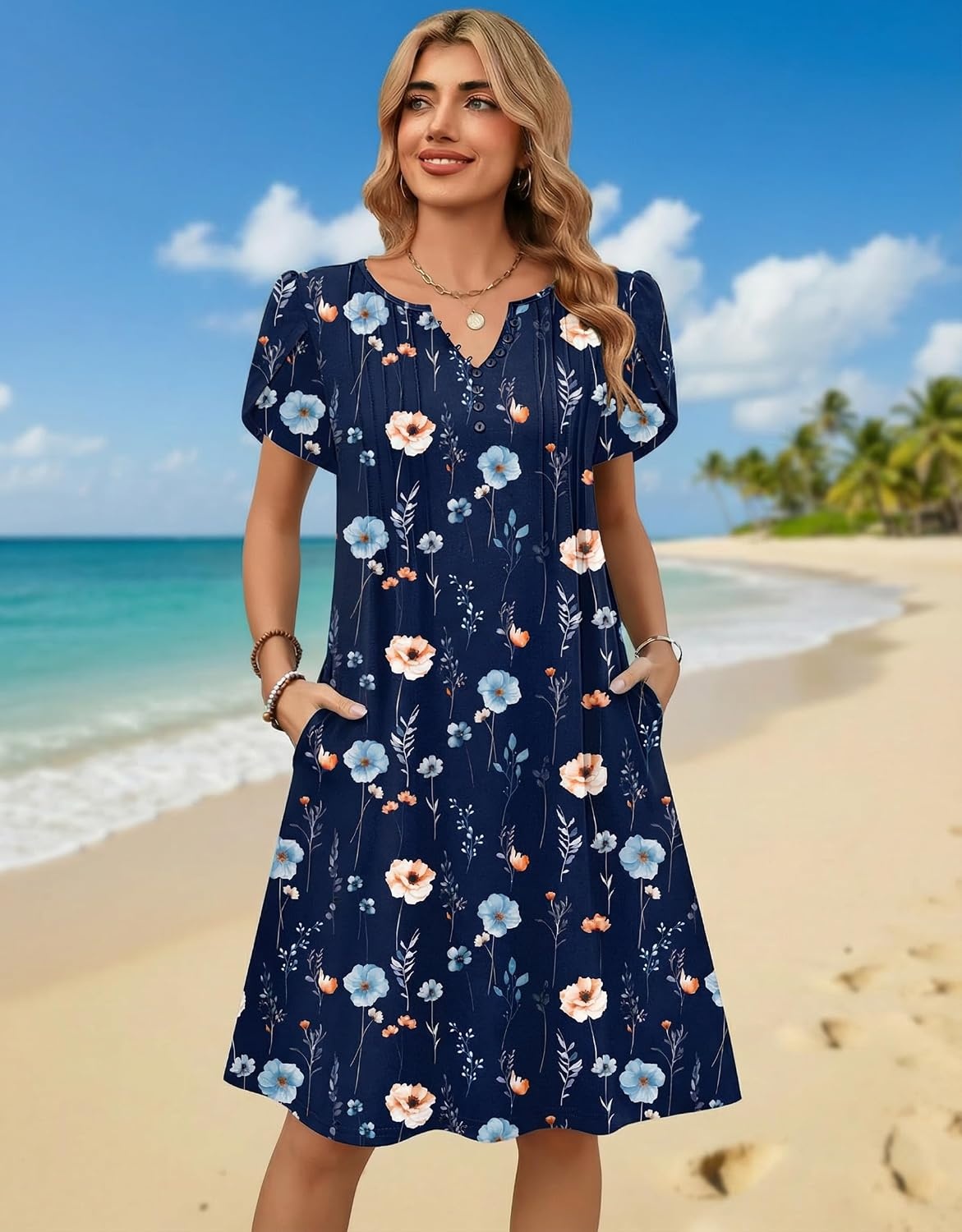 image:imageZeagoo Womens Casual Dresses with Pockets Summer Floral VNeck ALine Tshirt Dress Short Sleeve Mini Dress Beach SundressNavy Blue Floral