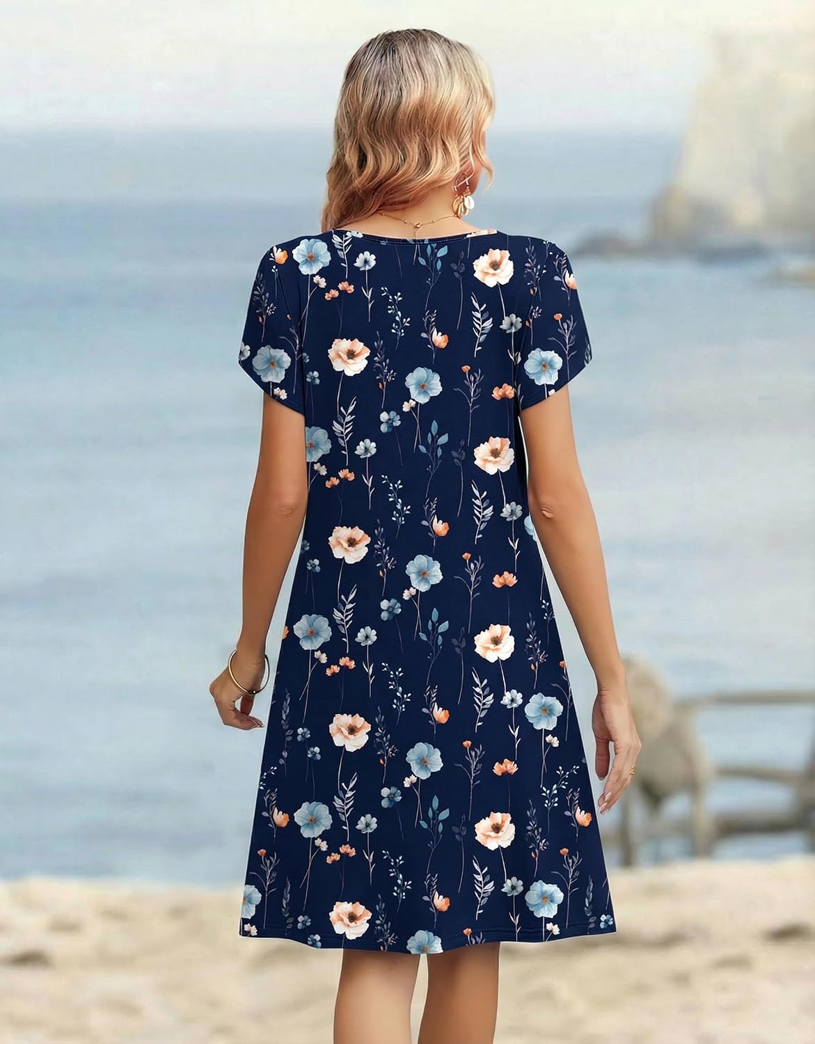 image:imageZeagoo Womens Casual Dresses with Pockets Summer Floral VNeck ALine Tshirt Dress Short Sleeve Mini Dress Beach SundressNavy Blue Floral